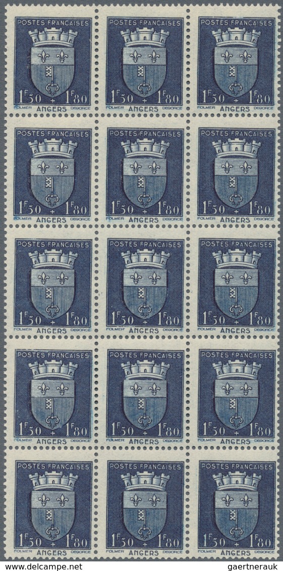 Frankreich: 1942, Coat of Arms complete set of 12 in blocks of 15, mint never hinged, Mi. € 540,-- +