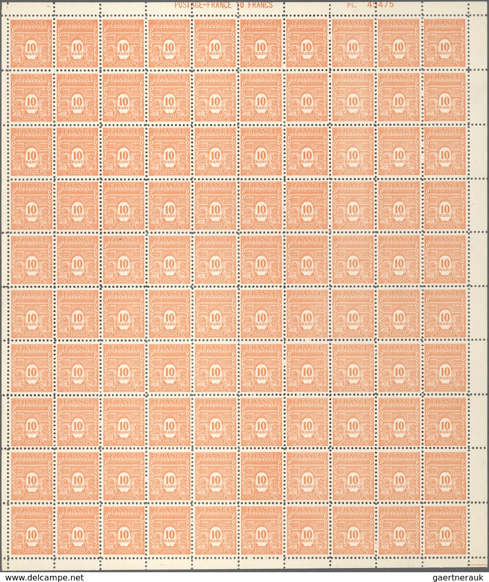 Frankreich: 1944, Arc De Triomphe 10fr. Orange Complete Sheet With 100 Stamps And Margins Around, Mi - Andere & Zonder Classificatie