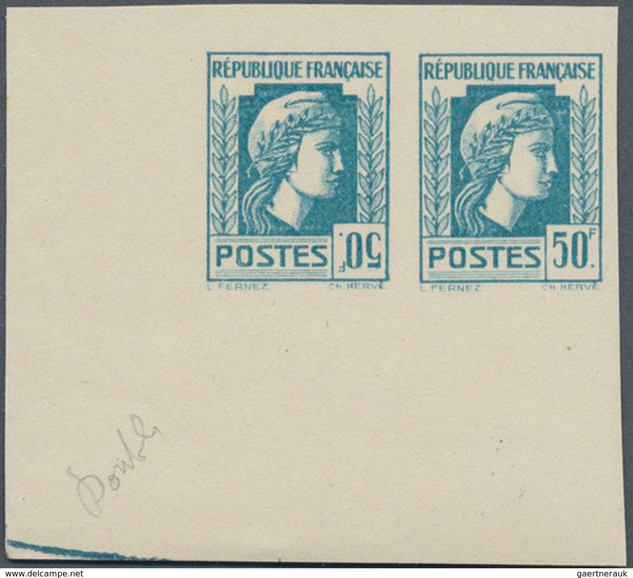 Frankreich: 1944, Definitives "Marianne", Not Issued, Imperforate Essay 50fr. Turquoise As Horizonta - Altri & Non Classificati