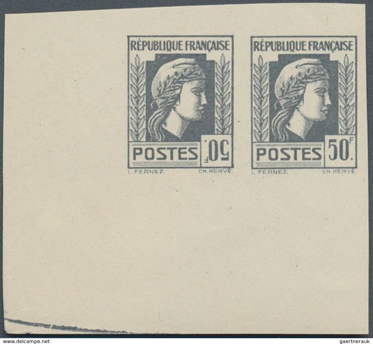 Frankreich: 1944, Definitives "Marianne", Not Issued, Imperforate Essay 50fr. Grey As Horizontal Pai - Andere & Zonder Classificatie