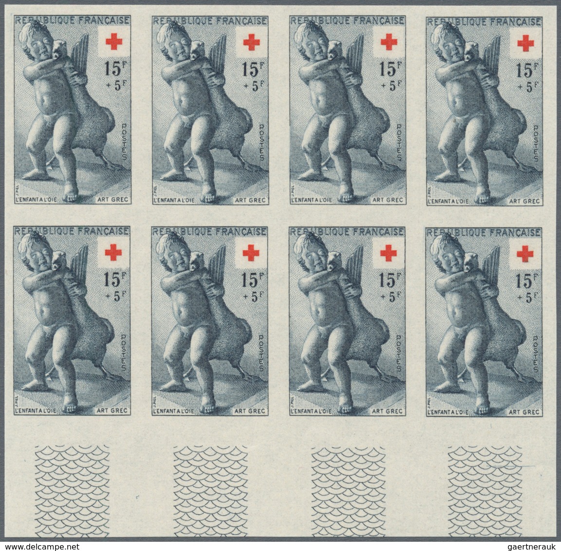 Frankreich: 1955, Red Cross Set Of Two ‚Sculptures‘ In IMPERFORATE Blocks Of Eight From Lower Margin - Andere & Zonder Classificatie