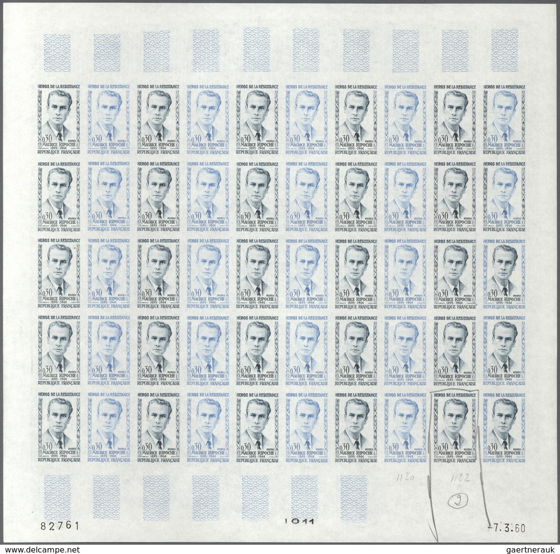 Frankreich: 1960, Set of 5 (3 different sheets of each) of the issues "Heroes of the resistance", Ed