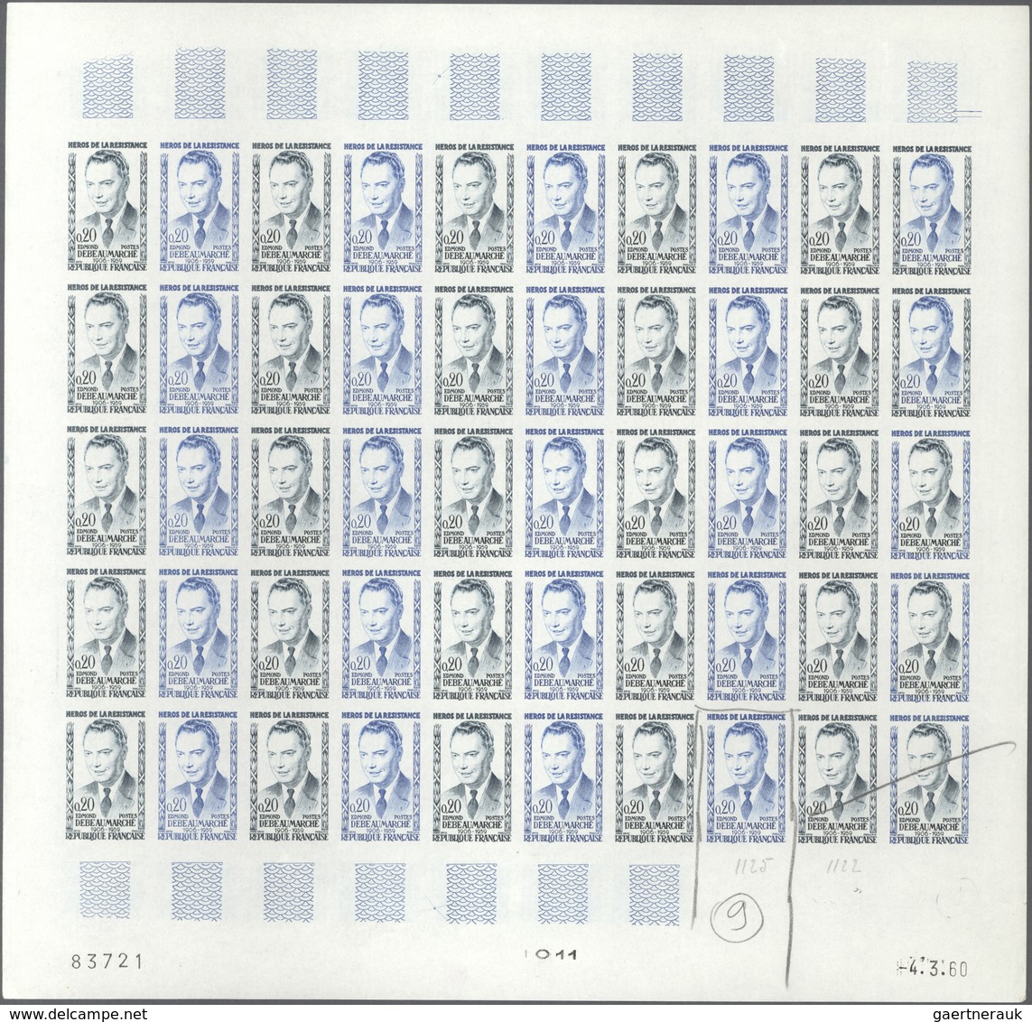 Frankreich: 1960, Set of 5 (3 different sheets of each) of the issues "Heroes of the resistance", Ed