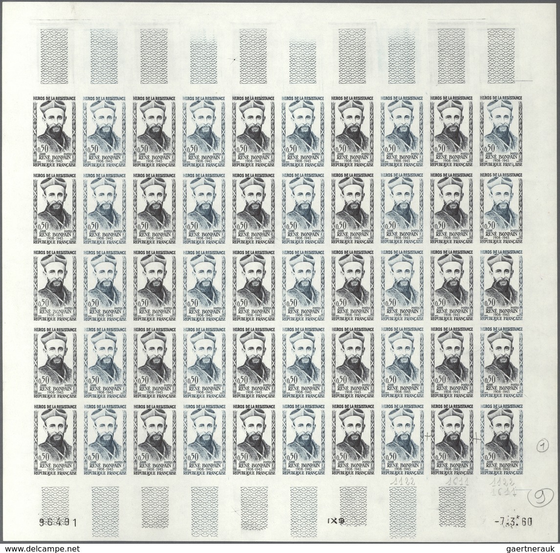 Frankreich: 1960, Set of 5 (3 different sheets of each) of the issues "Heroes of the resistance", Ed