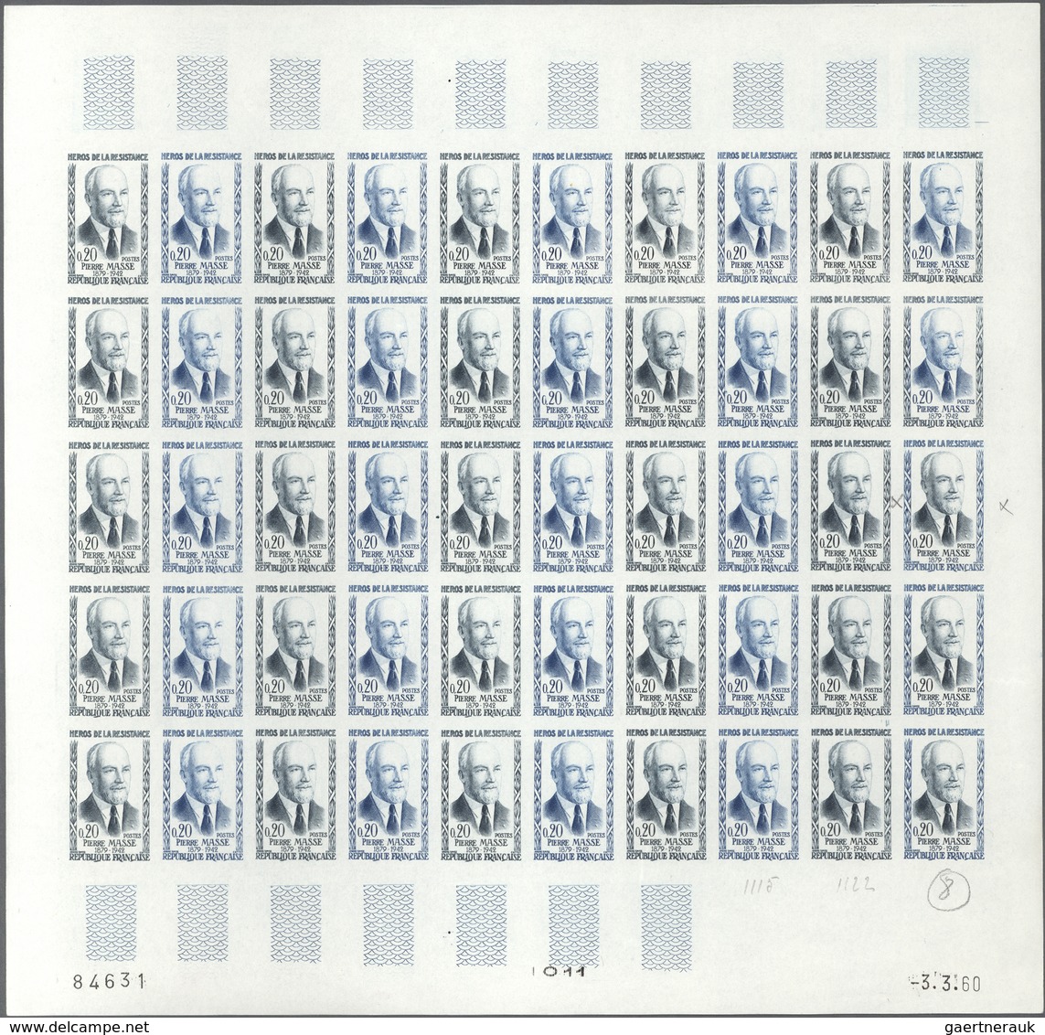 Frankreich: 1960, Set of 5 (3 different sheets of each) of the issues "Heroes of the resistance", Ed