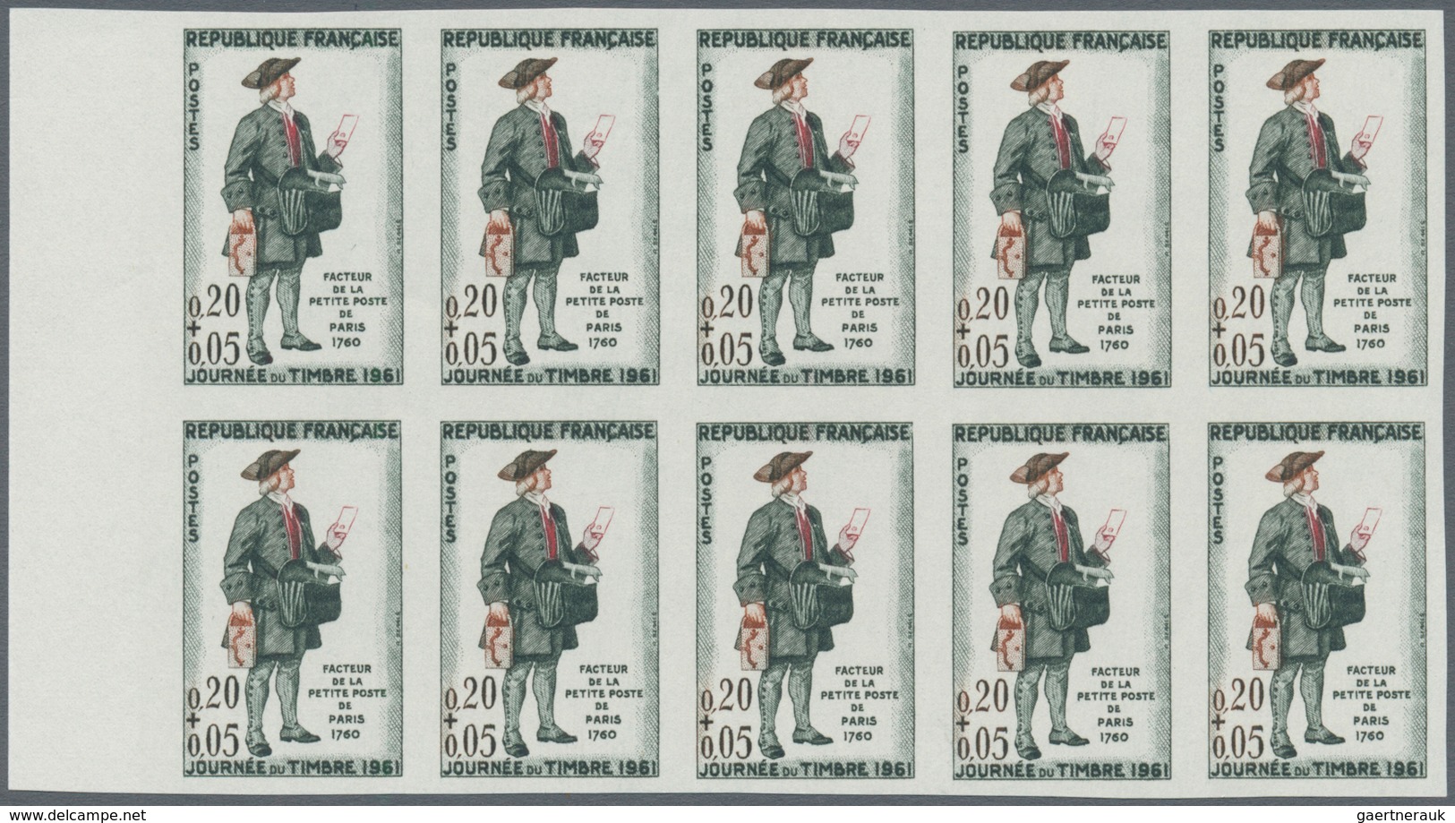 Frankreich: 1961, Stamp Day ‚Postman Of The Little Post Of Paris (1760)‘ 0.20+0.05fr. IMPERFORATE Bl - Andere & Zonder Classificatie