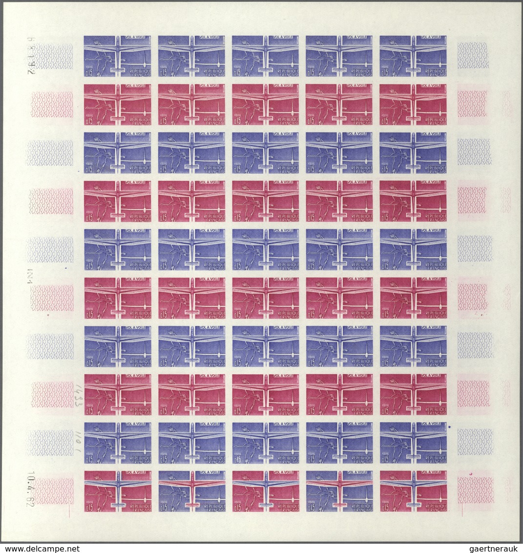 Frankreich: 1962, 3 Various Colour Proof Sheets Of 50 For The Issue "Gliding Flight" With Printing D - Andere & Zonder Classificatie