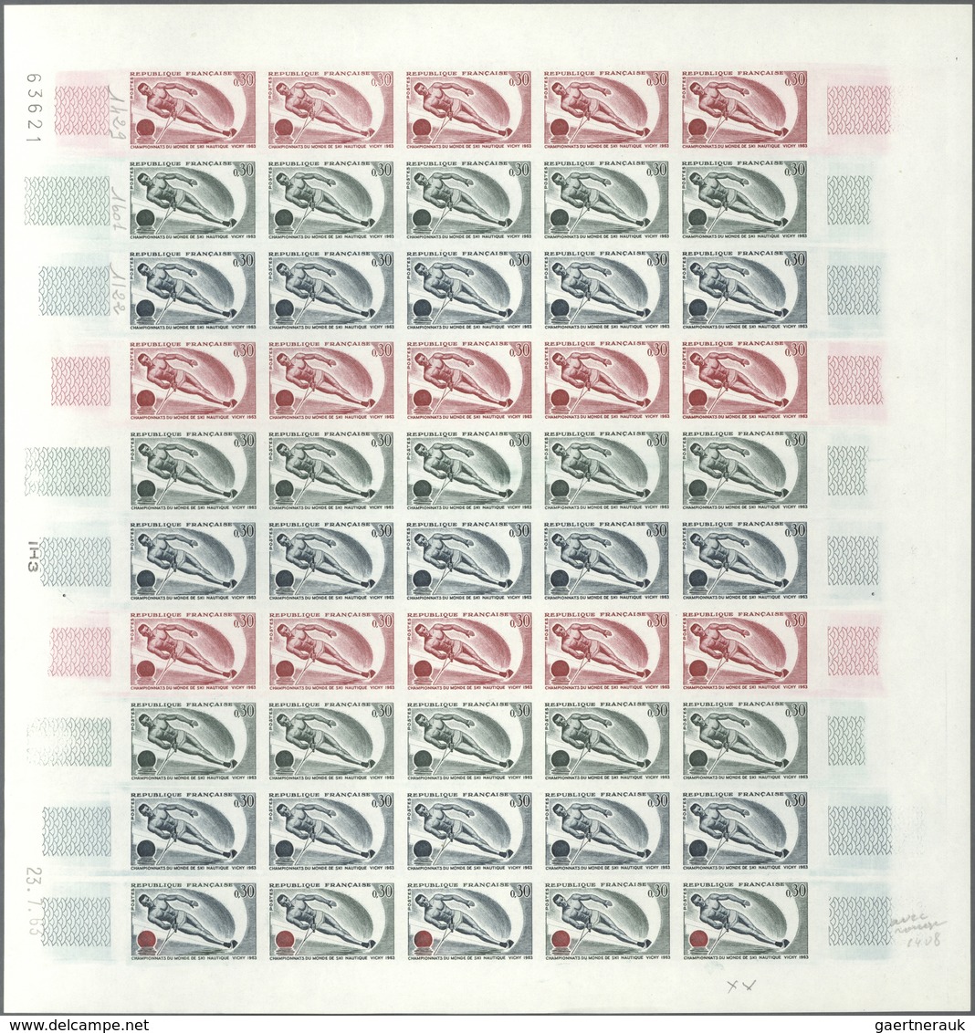 Frankreich: 1963, Group Of 3 Colour Proof Sheets Of 50 For The Issue Of "World Waterski Championship - Andere & Zonder Classificatie