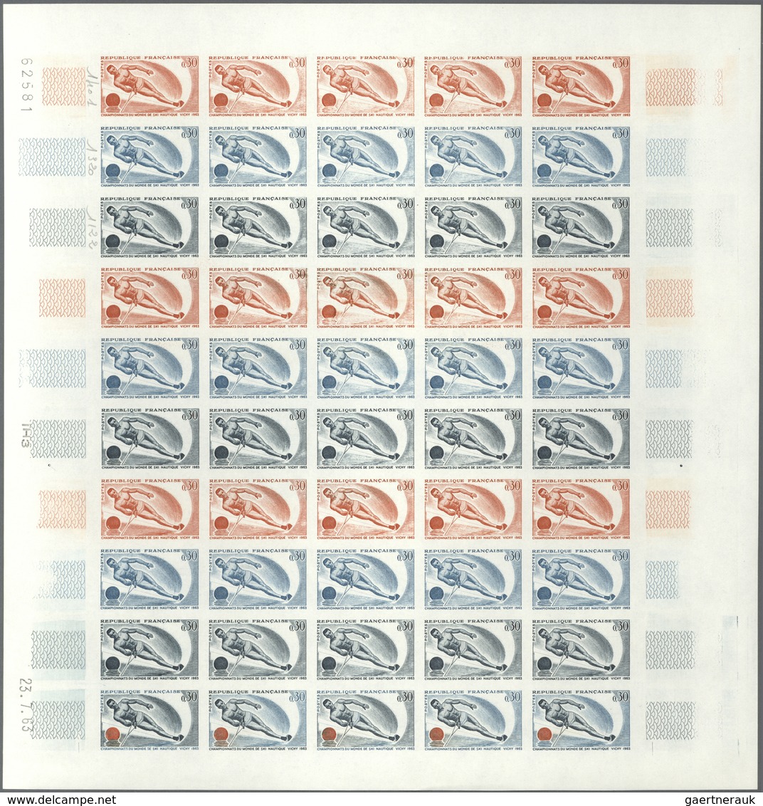 Frankreich: 1963, Group Of 3 Colour Proof Sheets Of 50 For The Issue Of "World Waterski Championship - Andere & Zonder Classificatie