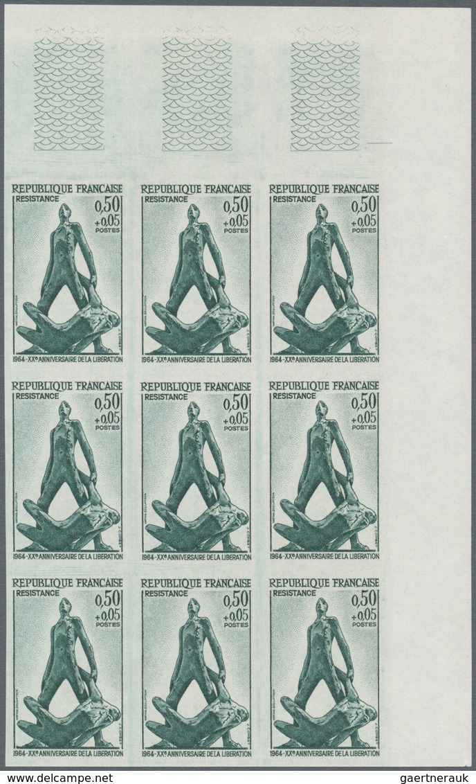 Frankreich: 1964, 20th Anniversary of Liberation complete set of five in IMPERFORATE blocks of nine