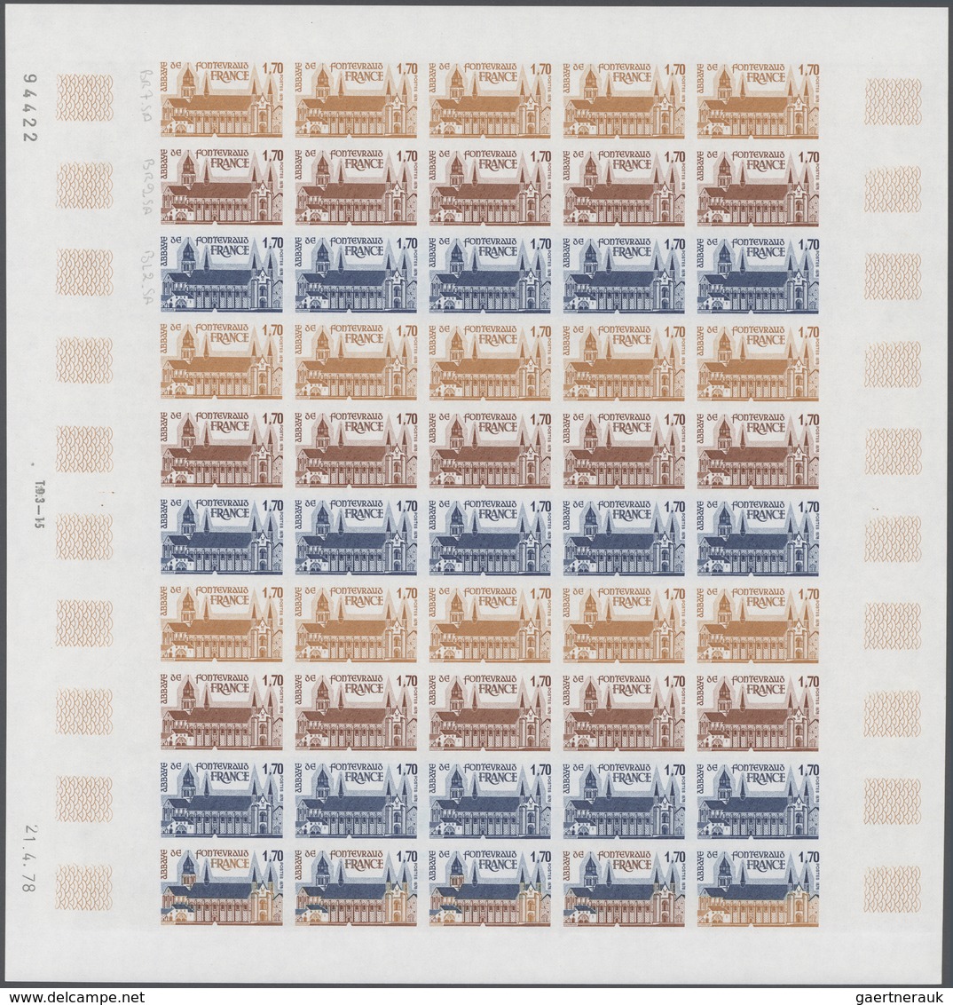 Frankreich: 1978, France. Set Of 3 Different Color Proof Sheets Of 50 For The 1.70fr Value Of The "T - Altri & Non Classificati