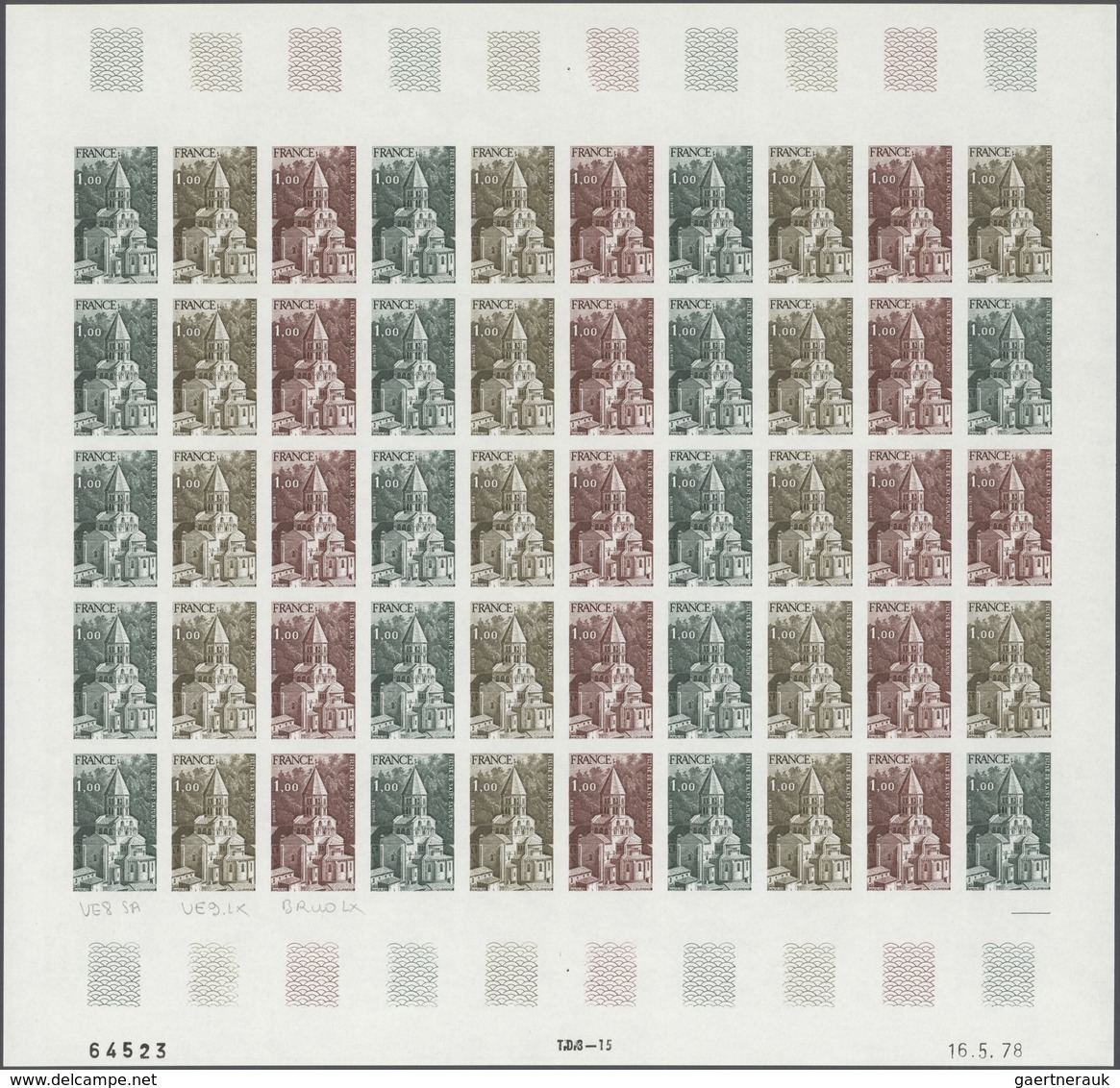 Frankreich: 1978, France. Set Of 3 Different Color Proof Sheets Of 50 For The 1.00fr Value Of The "T - Altri & Non Classificati