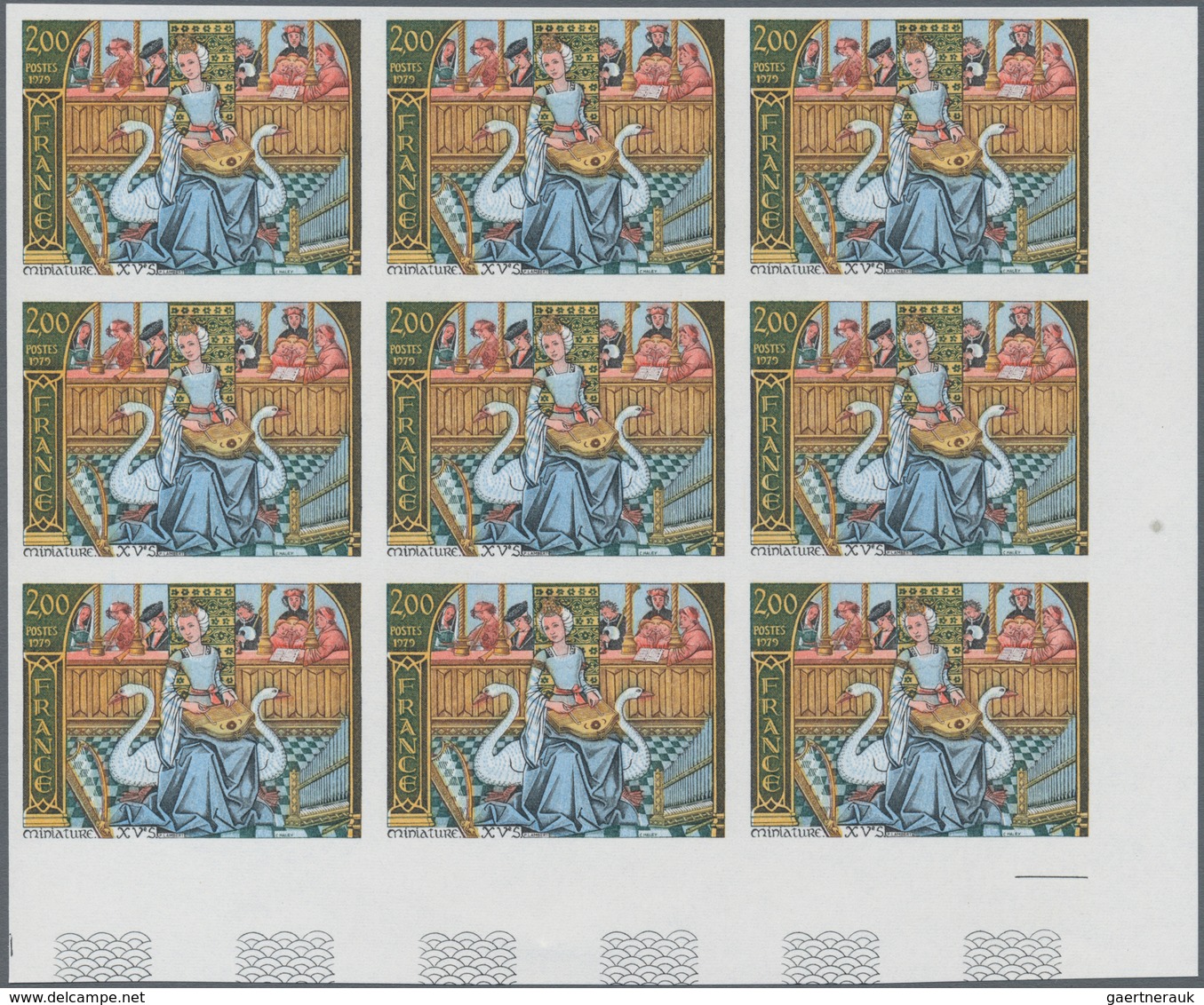 Frankreich: 1979, Miniature 2.00fr. ‚Woman With Swans And Musicans‘ IMPERFORATE Block Of Nine From L - Andere & Zonder Classificatie