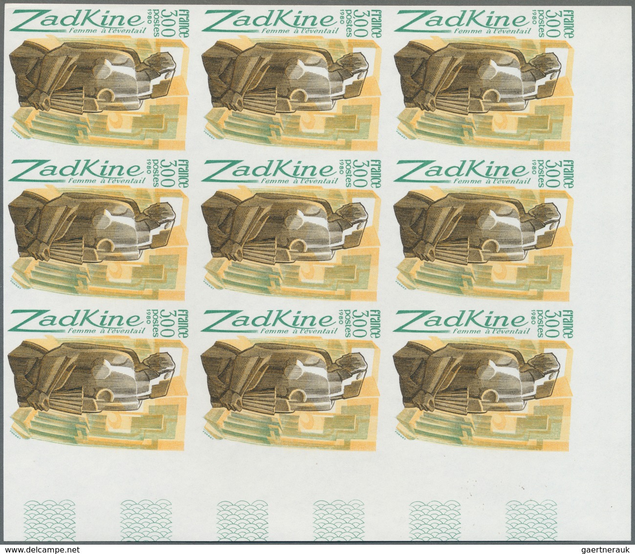 Frankreich: 1980, Bronze Sculpture From Ossip Zadkine 3.00fr. IMPERFORATE Block Of Nine From Upper R - Andere & Zonder Classificatie