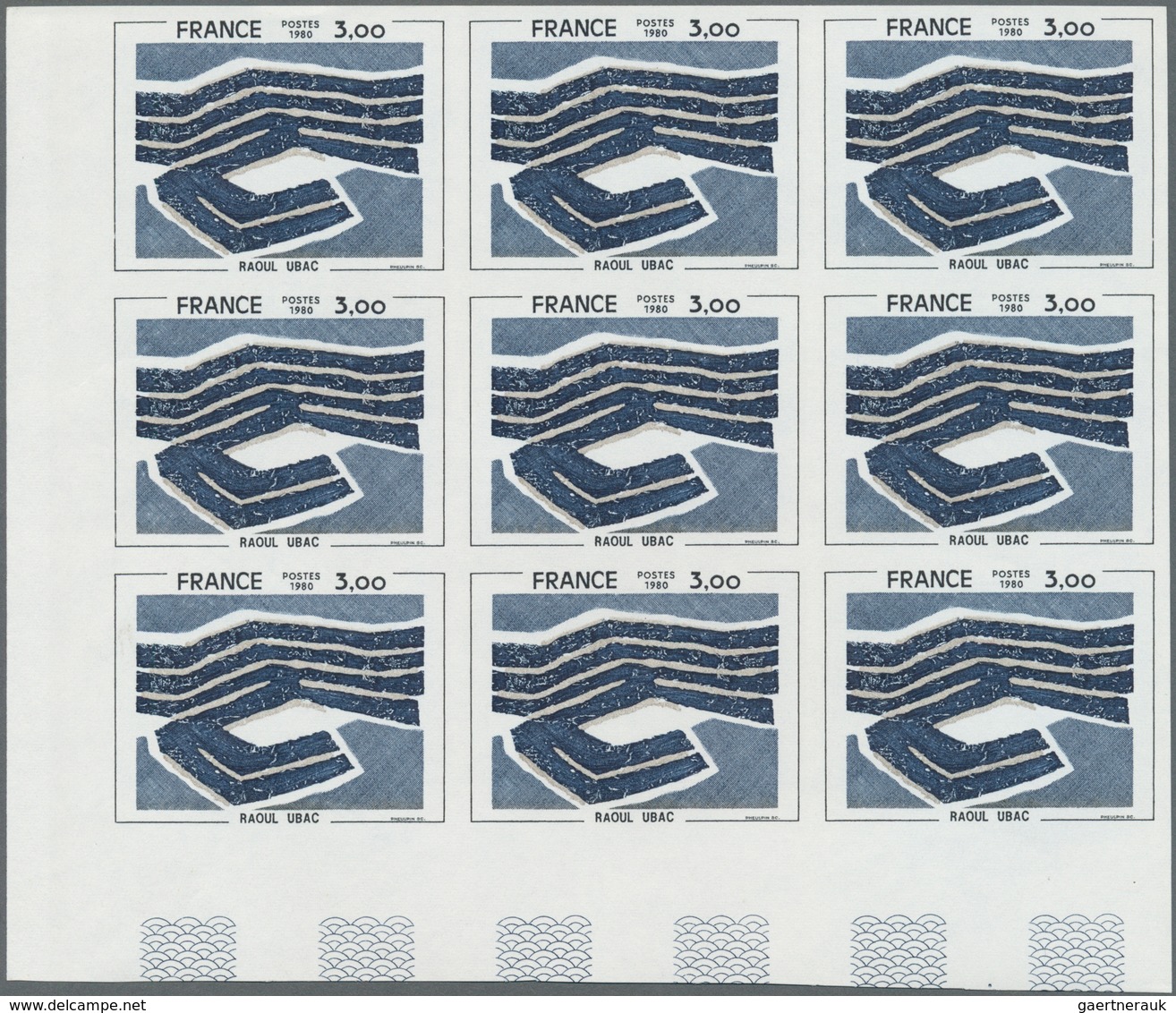 Frankreich: 1978, Painting From Raoul Ubac 3.00fr. IMPERFORATE Block Of Nine From Lower Left Corner, - Autres & Non Classés