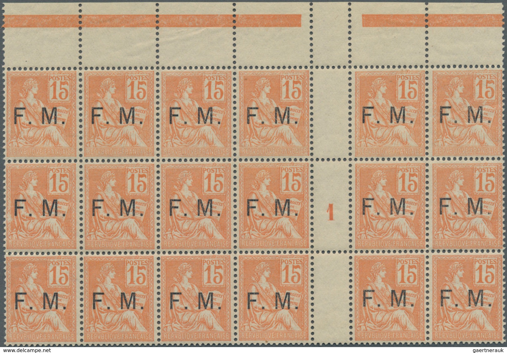 Frankreich - Militärpostmarken: 1901, Mouchon I 15c. Orange Optd. ‚F. M.‘ Block Of 18 With Vertical - Francobolli  Di Franchigia Militare