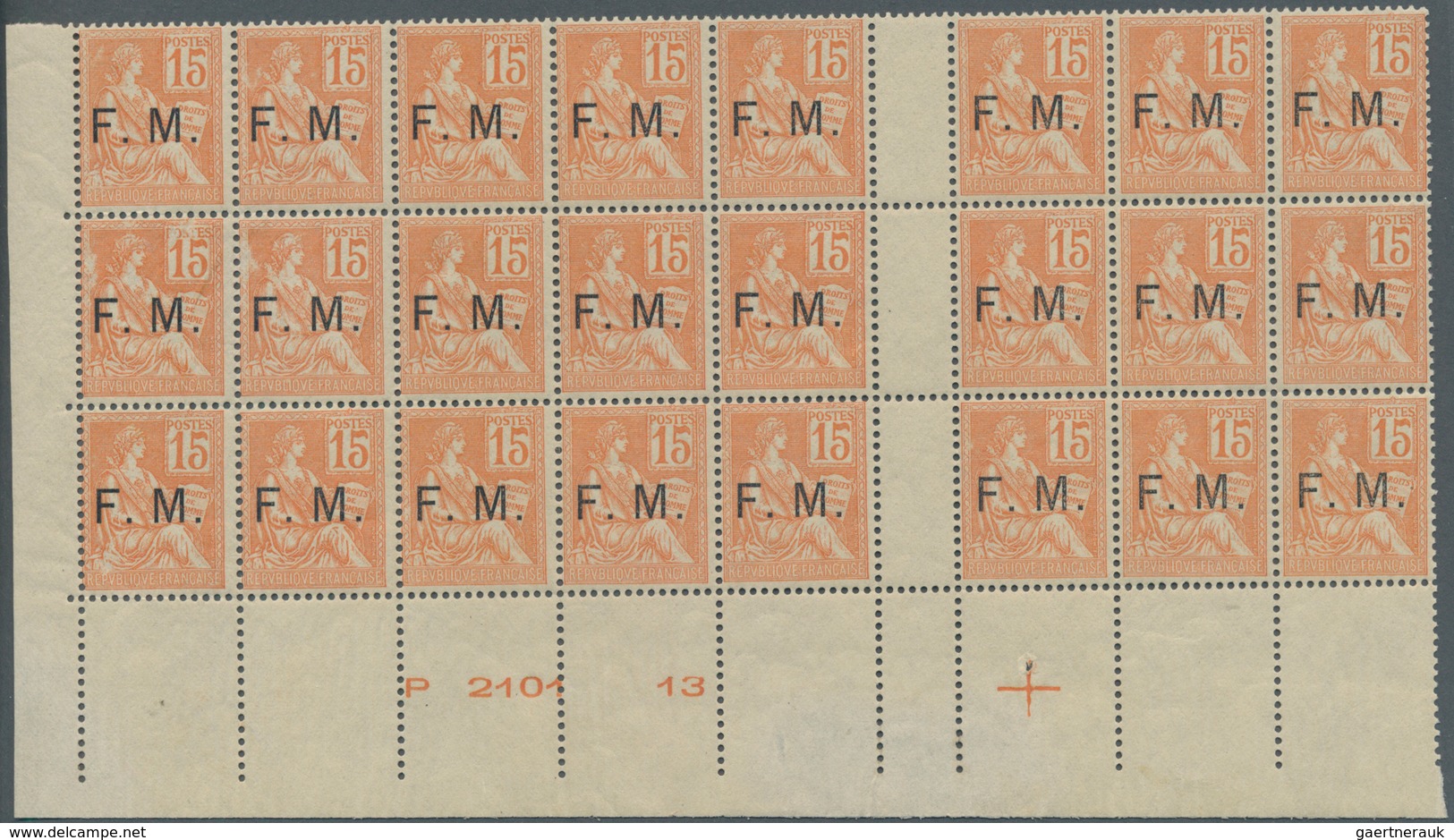 Frankreich - Militärpostmarken: 1901, Mouchon I 15c. Orange Optd. ‚F. M.‘ Block Of 24 With Vertical - Militaire Zegels