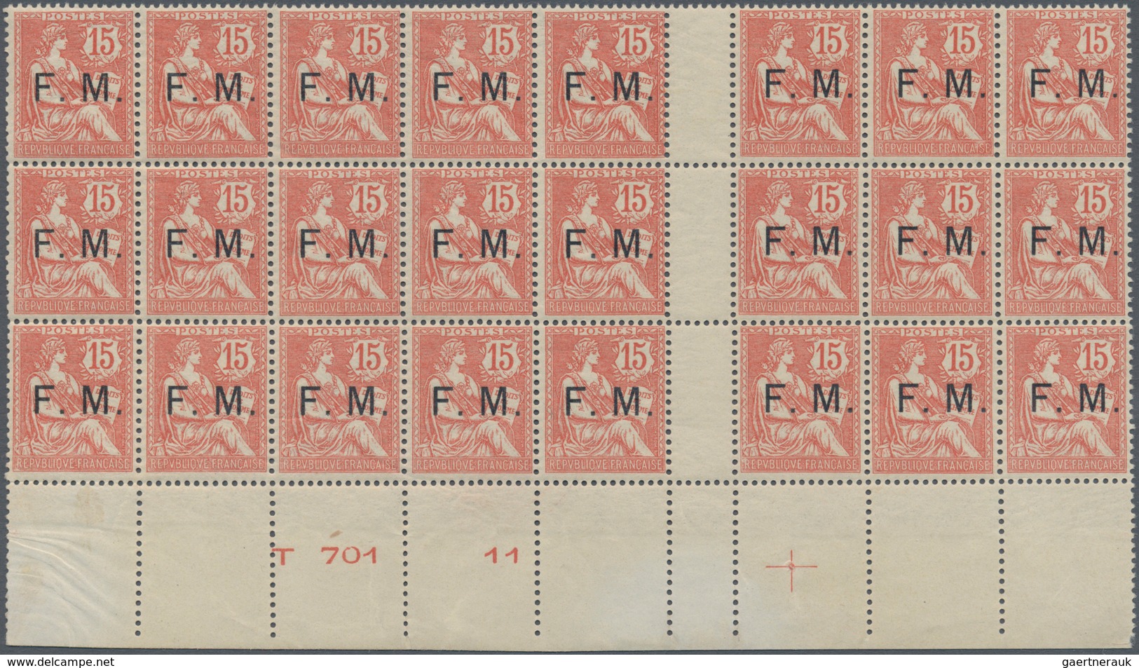 Frankreich - Militärpostmarken: 1902, Mouchon II 15c. Red Optd. ‚F. M.‘ Block Of 24 With Vertical Gu - Francobolli  Di Franchigia Militare