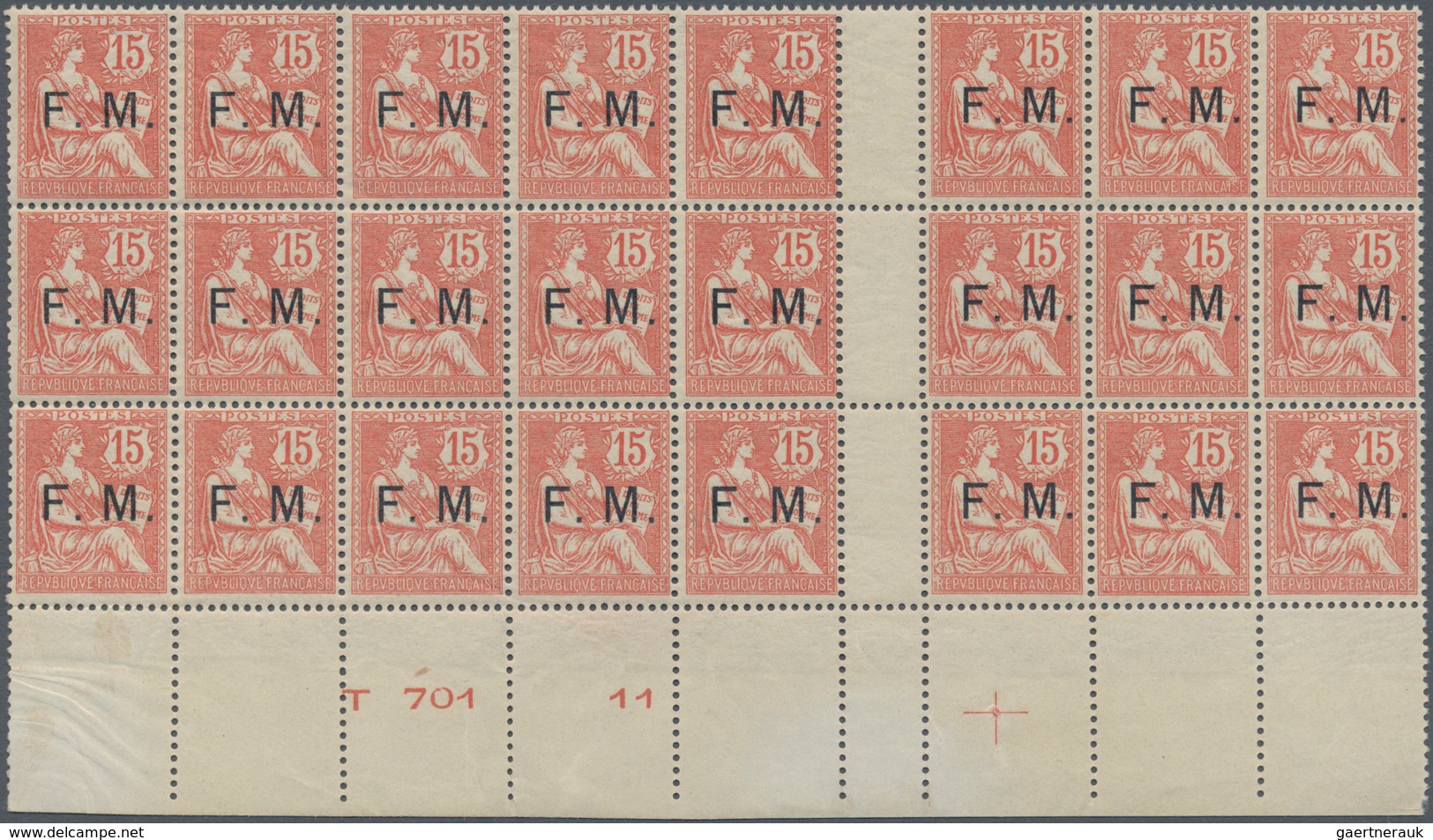 Frankreich - Militärpostmarken: 1902, Mouchon II 15c. Red Optd. ‚F. M.‘ Block Of 24 With Vertical Gu - Military Postage Stamps
