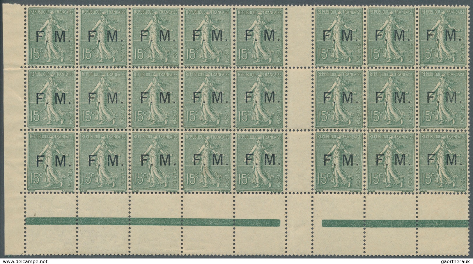 Frankreich - Militärpostmarken: 1904, Semeuse 15c. Grey-green Optd. ‚F. M.‘ Block Of 24 With Vertica - Militaire Zegels