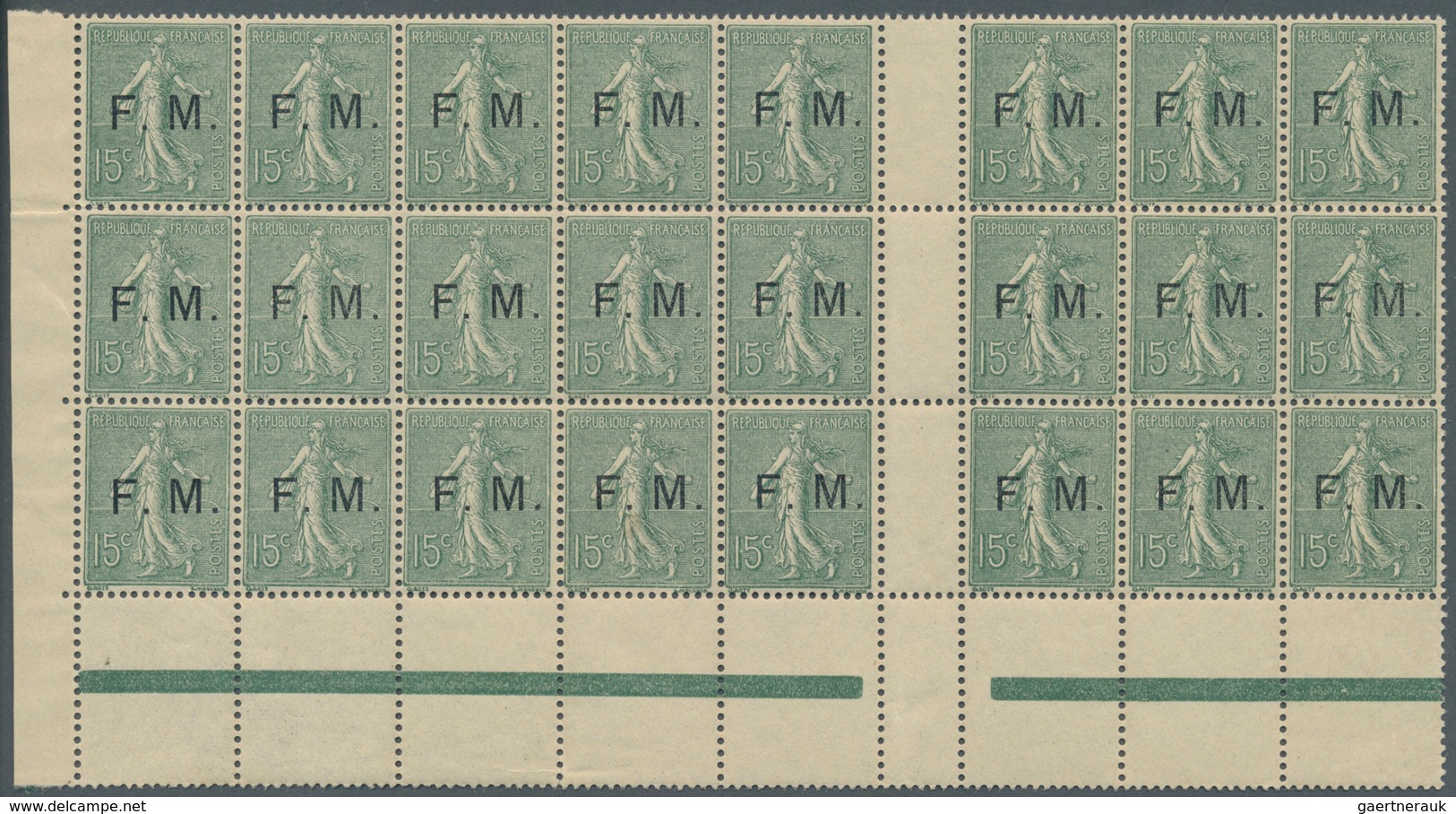 Frankreich - Militärpostmarken: 1904, Semeuse 15c. Grey-green Optd. ‚F. M.‘ Block Of 24 With Vertica - Military Postage Stamps