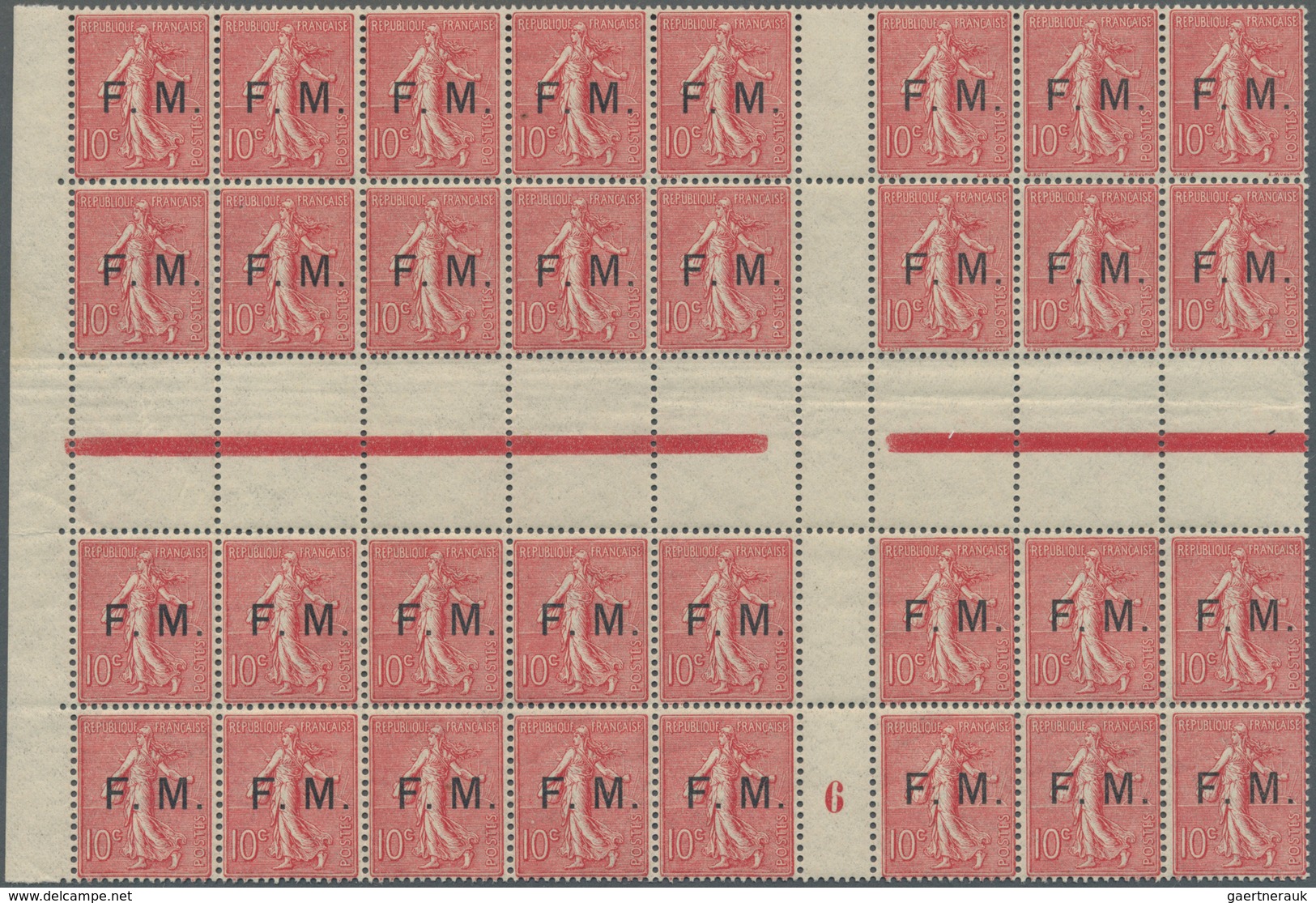 Frankreich - Militärpostmarken: 1906, Semeuse 10c. Rose Optd. ‚F. M.‘ Block Of 32 With Horizontal An - Military Postage Stamps