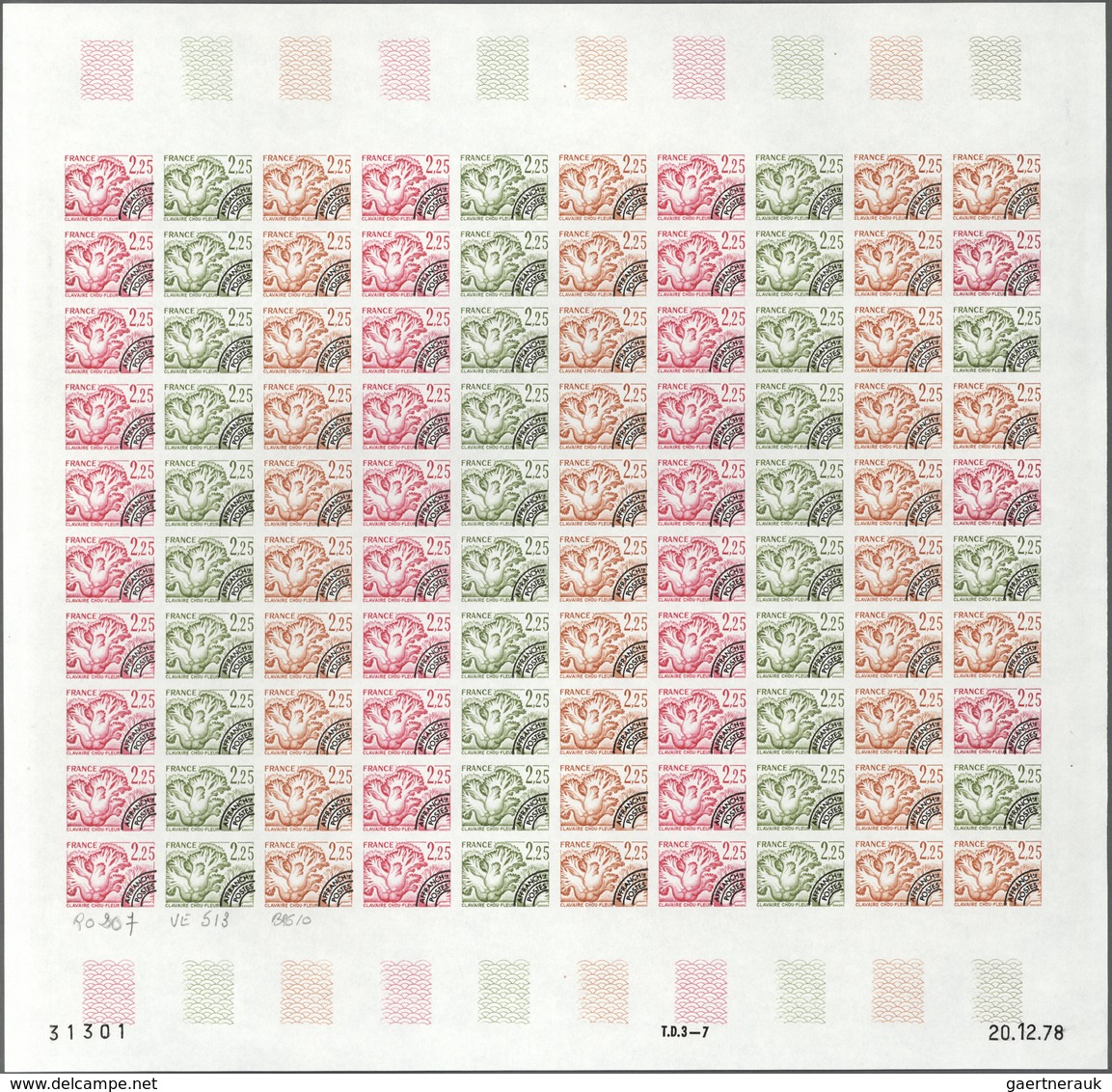 Frankreich - Vorausentwertungen: 1979, set of 4 different colour proof sheets of 100 for the issue o