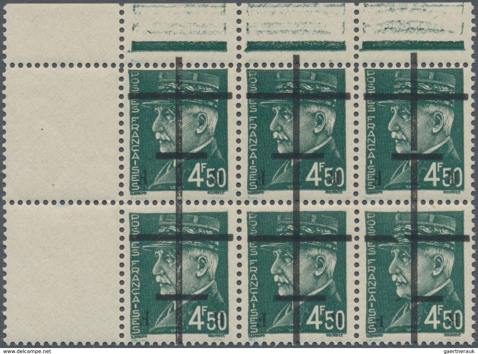 Frankreich - Lokalausgaben: LILLE 1944, 4.50fr. Green With Inverted Overprint, Top Marginal Block Of - Other & Unclassified