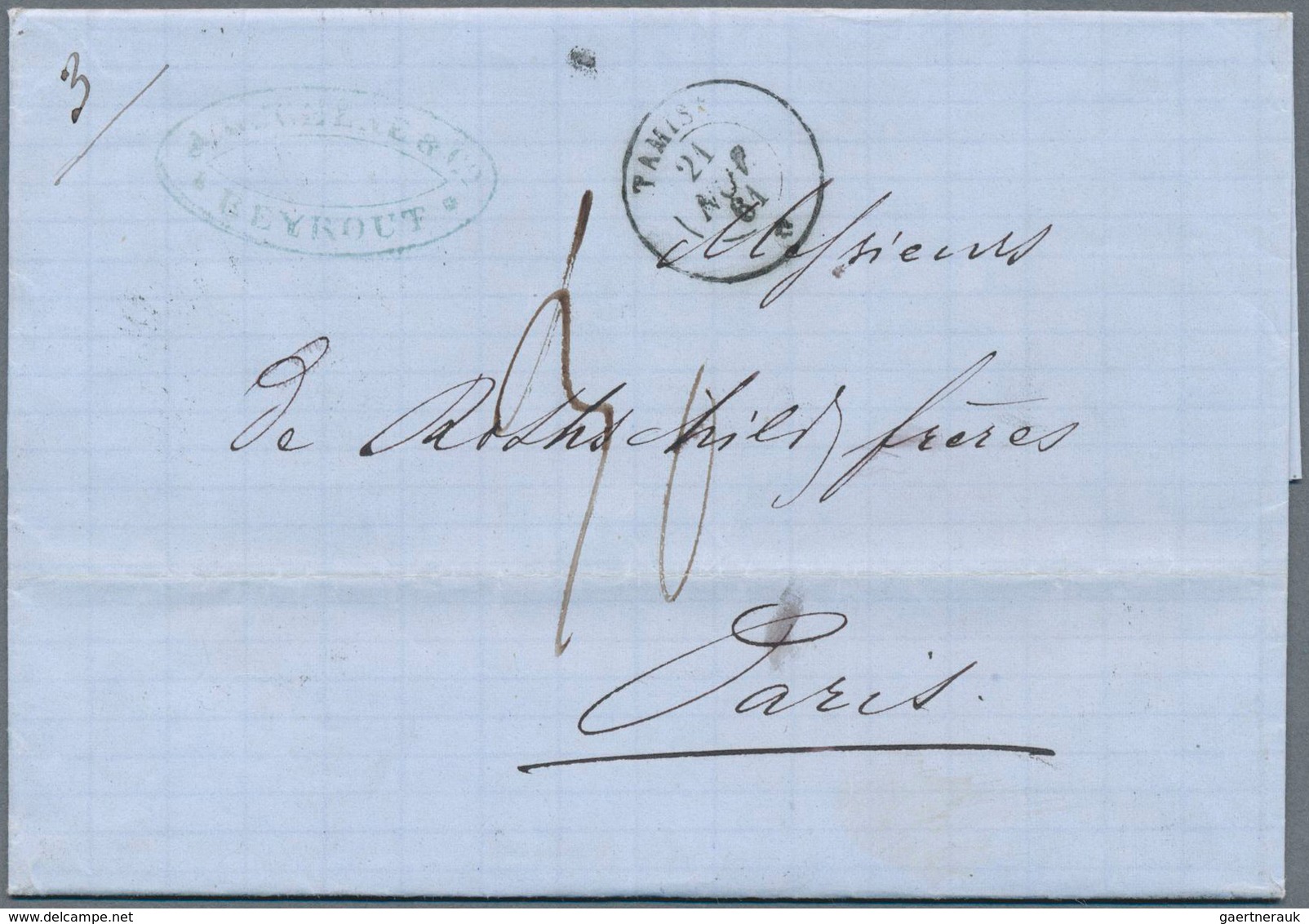 Französische Post In Der Levante: 1861, Letter From BEYROUTH With TAMISE Cds By Ship Via Alexandria - Andere & Zonder Classificatie