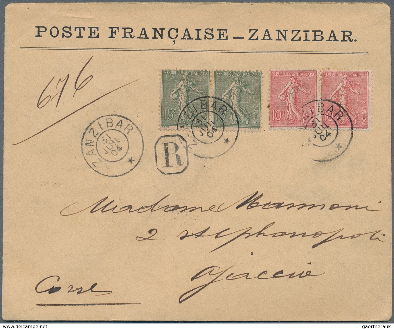 Französische Post In Zanzibar: 1904, France: 10 C Rose An 15 C Grey-green Semeuse, Each As Horizonta - Andere & Zonder Classificatie