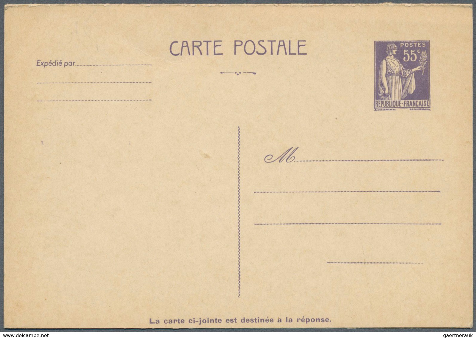 Frankreich - Ganzsachen: 1938/1941, Type "Paix", 55c. Lilac, Reply Card, Unused. One Of The Rarest S - Other & Unclassified