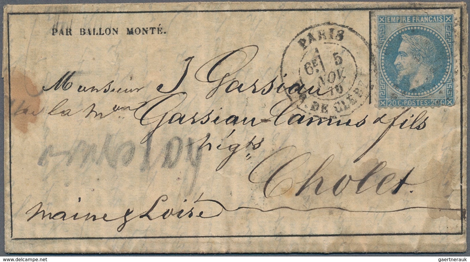 Frankreich - Ballonpost: 1870, Le "Gironde" - 20 C. Napoléon Tied By Cds. "PARIS 5.NOV.70" To Folded - 1960-.... Storia Postale