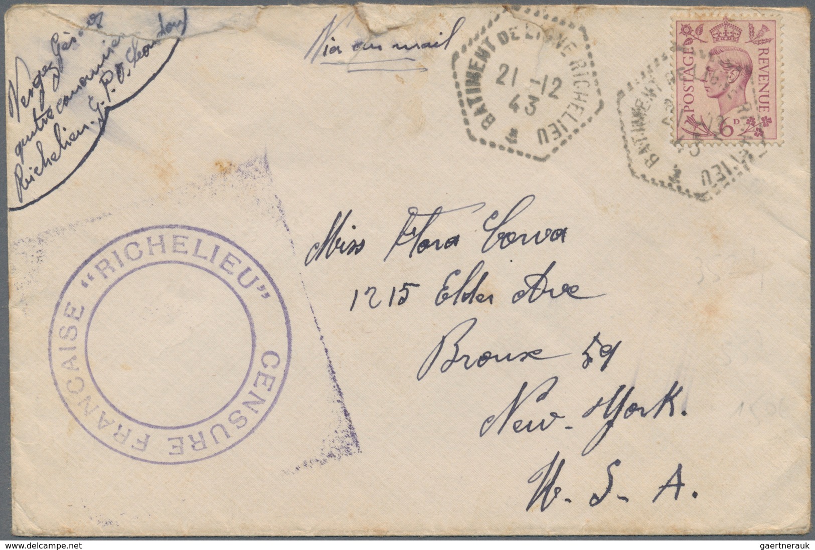 Frankreich - Schiffspost: 1943, Great Britain 6 D. Tied By French Ship Mark "BATIMENT DE LIGNE RICHE - Andere & Zonder Classificatie