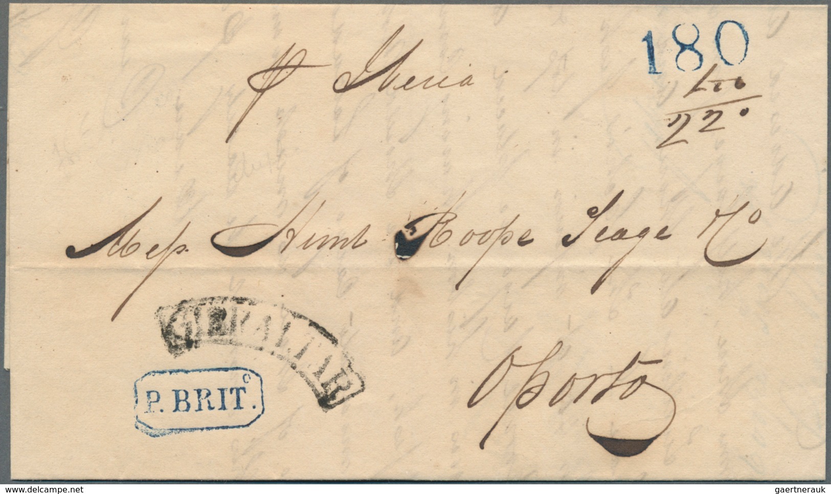 Gibraltar: 1840, Folded Letter With Blue Octogon "P. BRIT" (v.d. Linden No. 2194), Curved "GIBRALTAR - Gibilterra