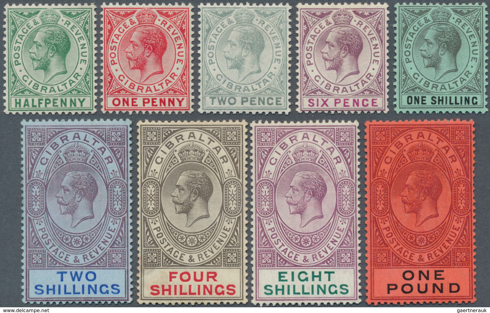 Gibraltar: 1912/1924, KGV Wmk Mult Crown CA, ½d. To £1, Set Of Nine Values (except 2½d.), Fresh Colo - Gibilterra