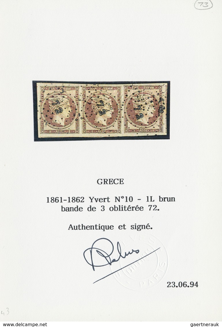 Griechenland: 1861, 1 Lepta Chestnut, Strip Of Three, First Athens Printing, Tied By Numeral "12" Of - Unused Stamps