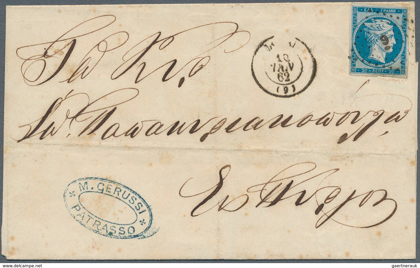 Griechenland: 1861, Paris Printing 20 L. Blue On Blueish On Folded Envelope Clear Tied By "9" In Dia - Ongebruikt