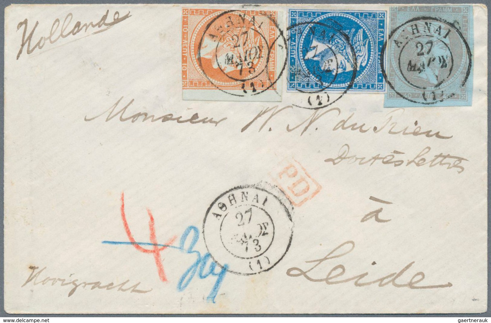 Griechenland: 1873, Cover Bearing 10 L. Orange On Greenish (corner Margin), 20 L. Blue And 40 L. Gre - Nuovi