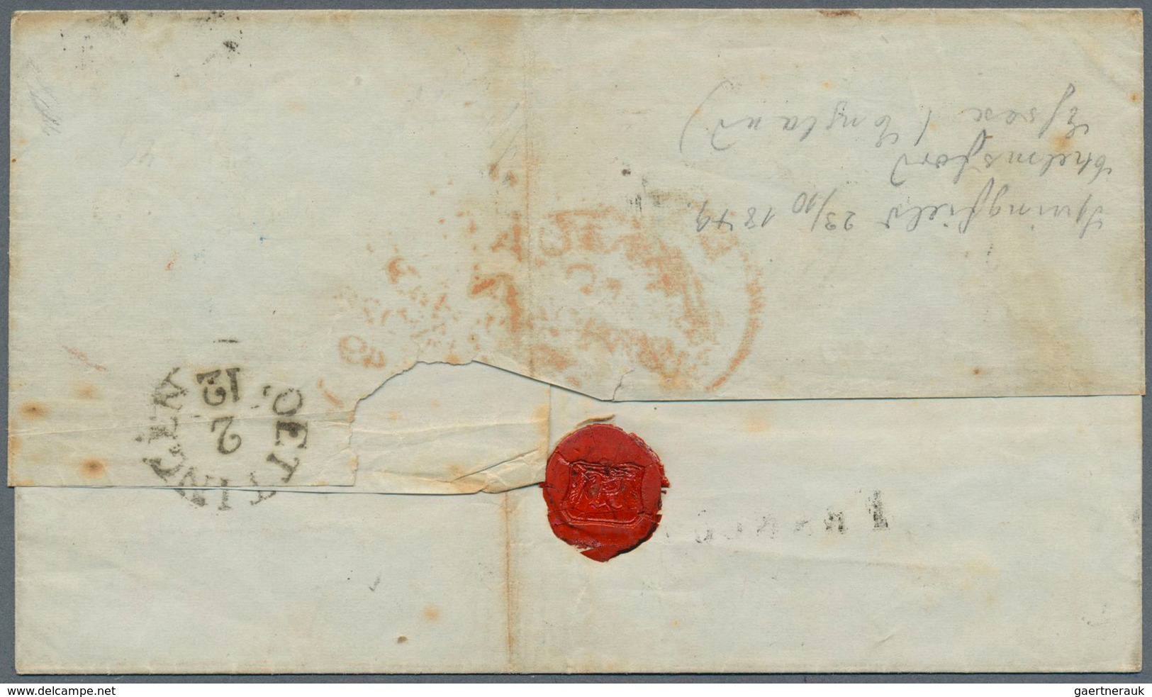 Großbritannien - Vorphilatelie: "CHELMSFORD NO.24.1849", Blue Cds. On Folded Cover With Red Oval Mar - ...-1840 Voorlopers