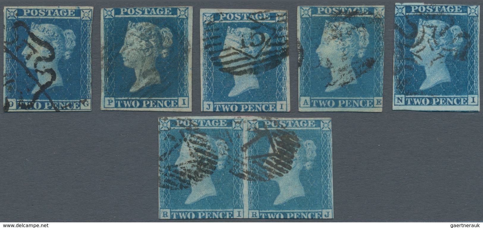 Großbritannien: 1841, 2 D Blue, Group Of 8 Used Stamps Including A Horizontal Pair With Slightly Dis - Andere & Zonder Classificatie