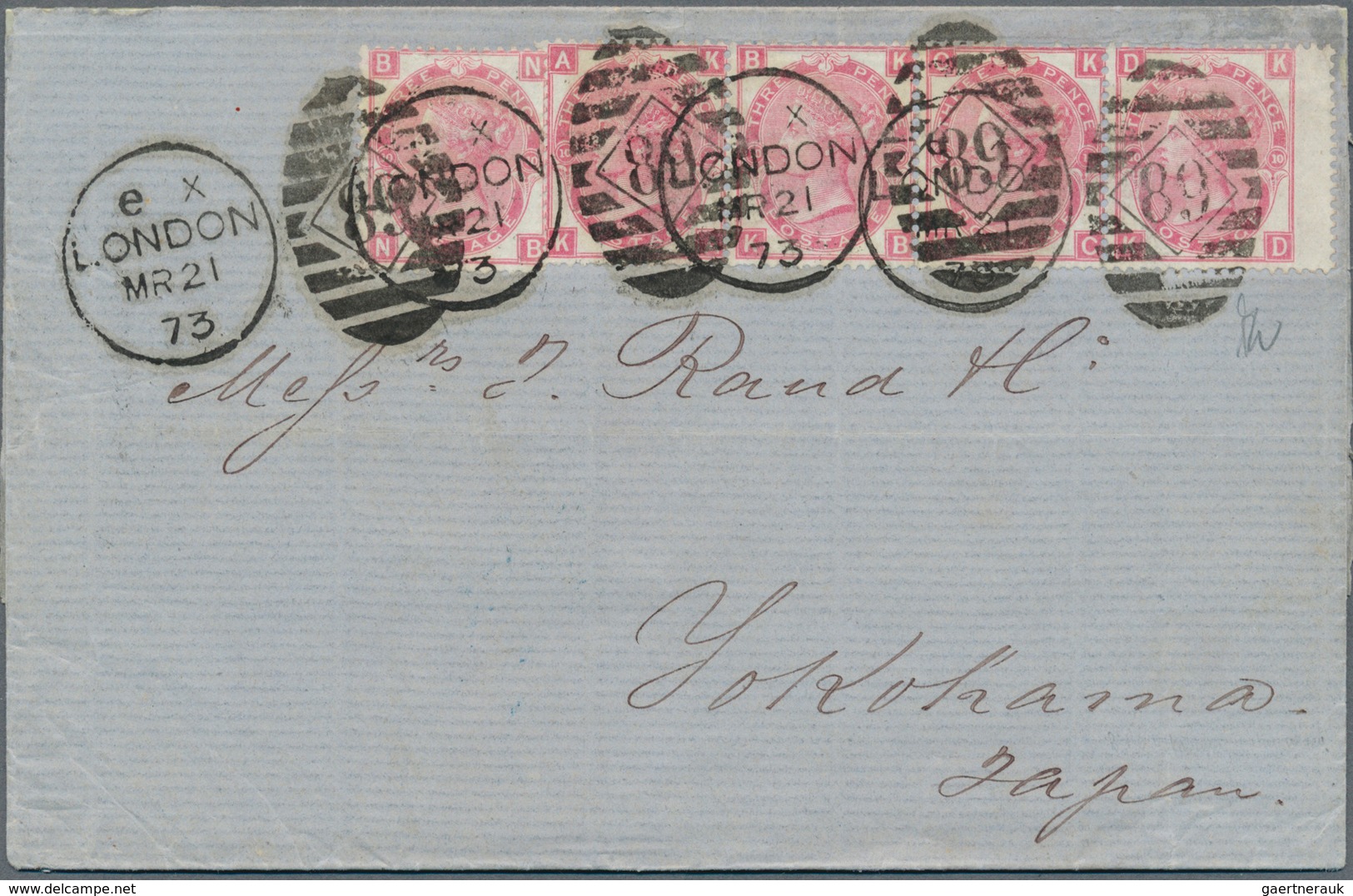 Großbritannien: 1873, QV 3d (5 Inc. Horizontal Strip-4) Tied Duplex "39+LONDON MR 21 73" To Entire F - Other & Unclassified