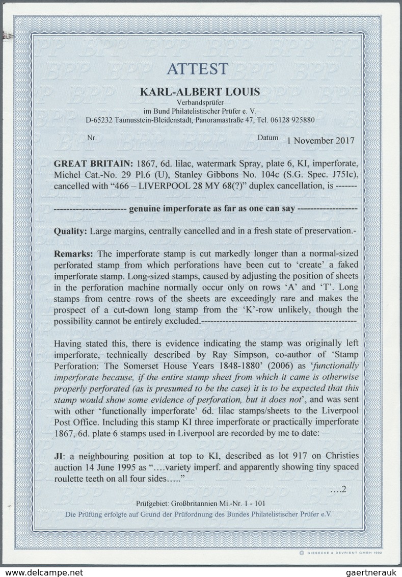 Großbritannien: 1867: 6 D Lilac, Watermark Spray, Plate 6, Lettered "KI", IMPERFORATED, Large Margin - Altri & Non Classificati