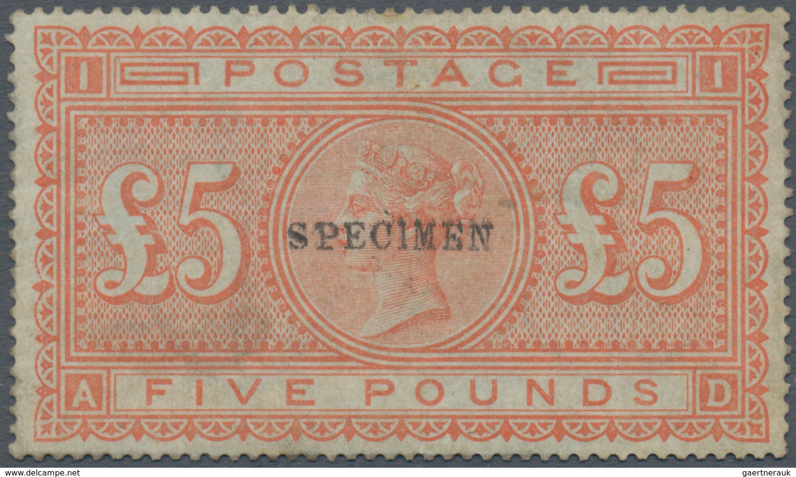 Großbritannien: 1882 QV £5 Orange, Overprinted "SPECIMEN" In Type 9, Unused Without Gum, Lightly Sta - Andere & Zonder Classificatie