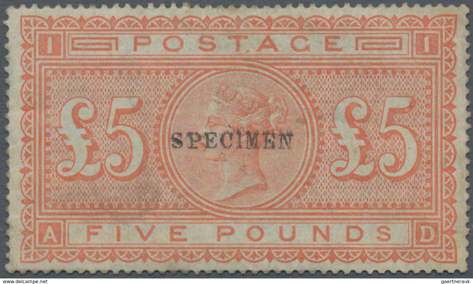 Großbritannien: 1882 QV £5 Orange, Overprinted "SPECIMEN" In Type 9, Unused Without Gum, Lightly Sta - Altri & Non Classificati