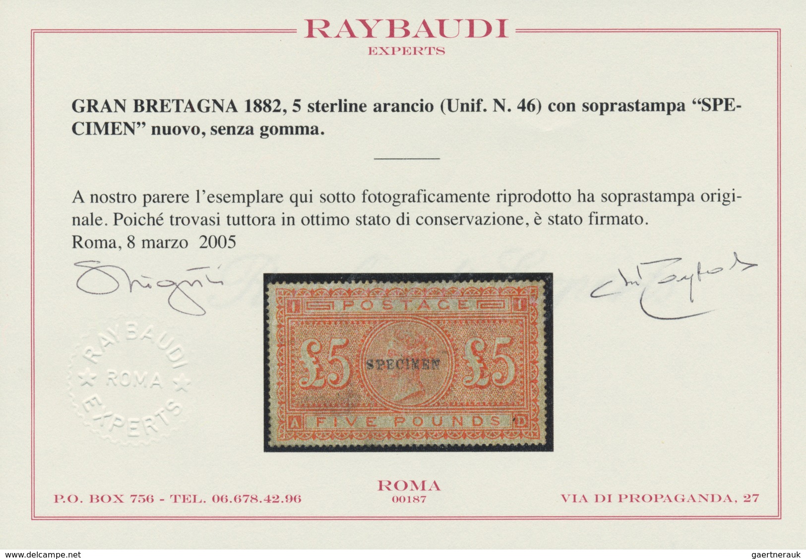 Großbritannien: 1882 QV £5 Orange, Overprinted "SPECIMEN" In Type 9, Unused Without Gum, Lightly Sta - Altri & Non Classificati