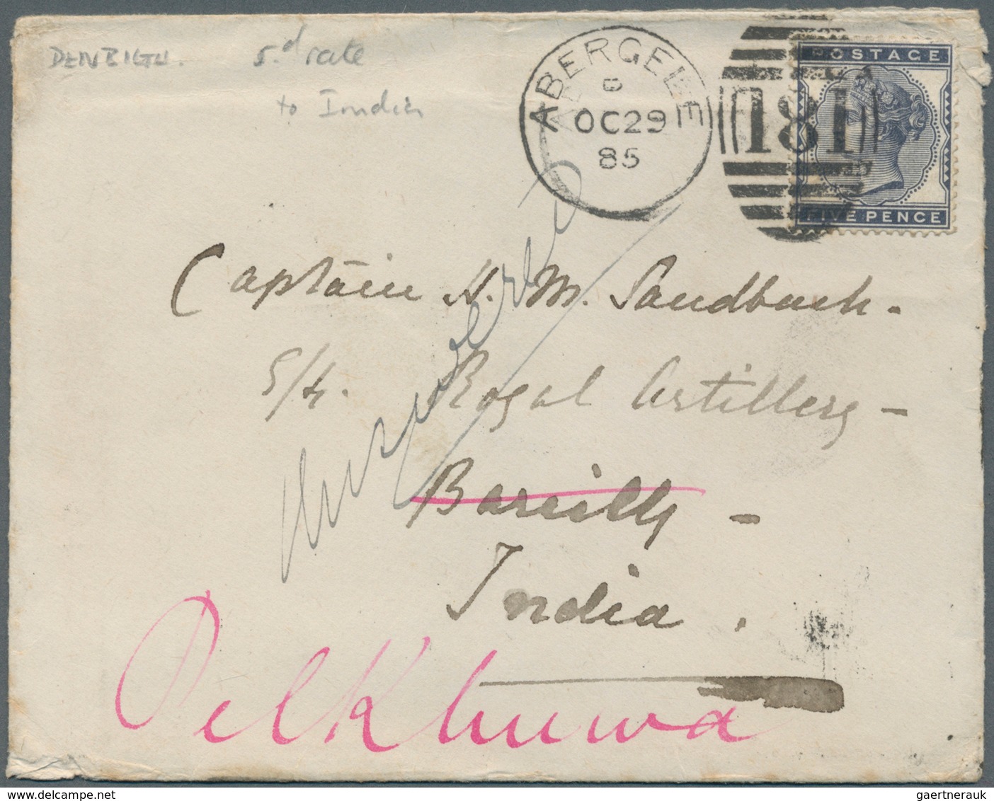 Großbritannien: 1885-86 Two Covers From Abergele, Wales To Captain H.M. Sandback, Royal Artillery In - Andere & Zonder Classificatie