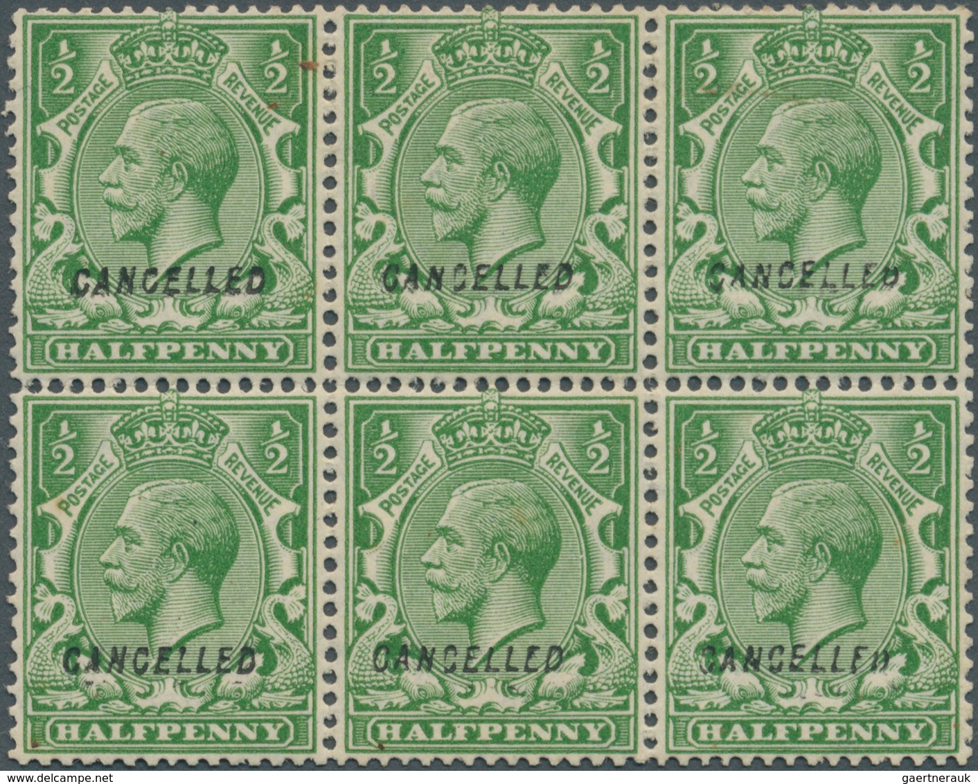 Großbritannien: 1924, ½d. Green, Wm Block Cypher, Block Of Six With "Cancelled" Overprint (type 28), - Andere & Zonder Classificatie