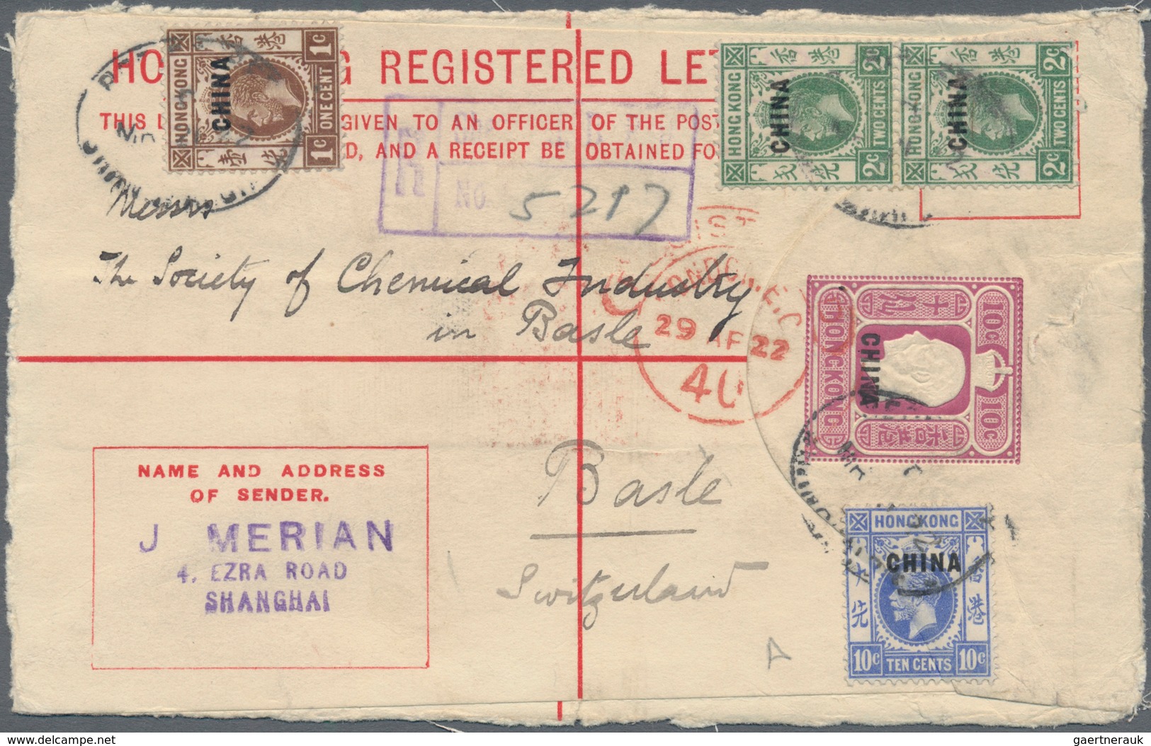 Britische Post In China: 1918, Registration Envelope KGV 10 C., Front Only, Uprated KGV 1 C., 2 C. P - Andere & Zonder Classificatie