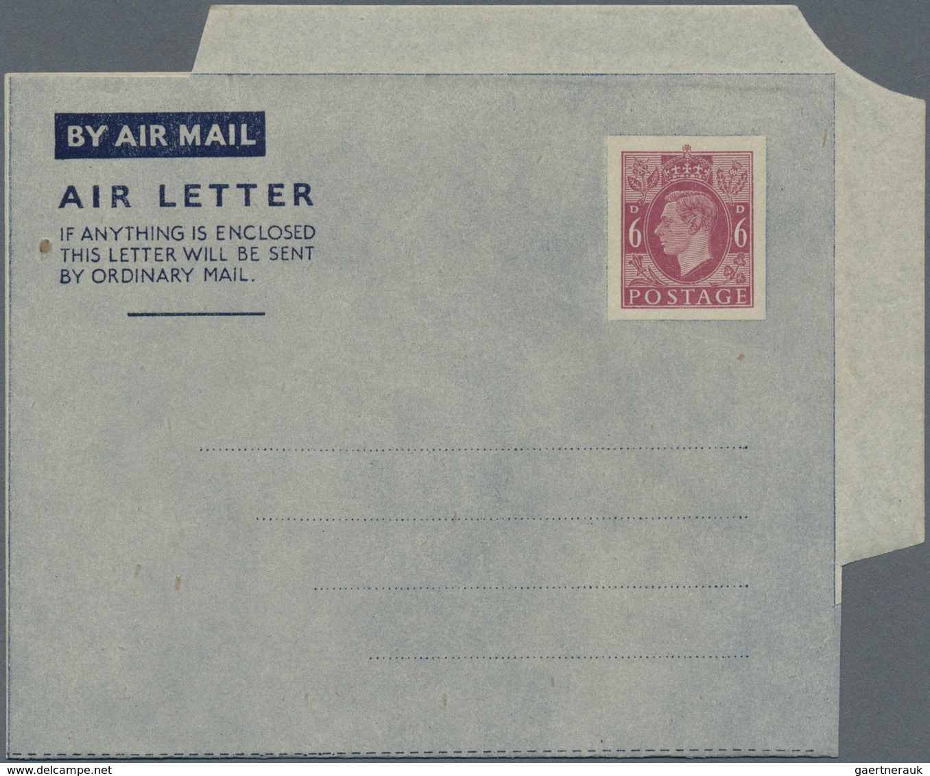 Großbritannien - Ganzsachen: 1943, Airletter KGVI 6d Brown Violet On Grey Paper With Variety 'NO FLA - Altri & Non Classificati