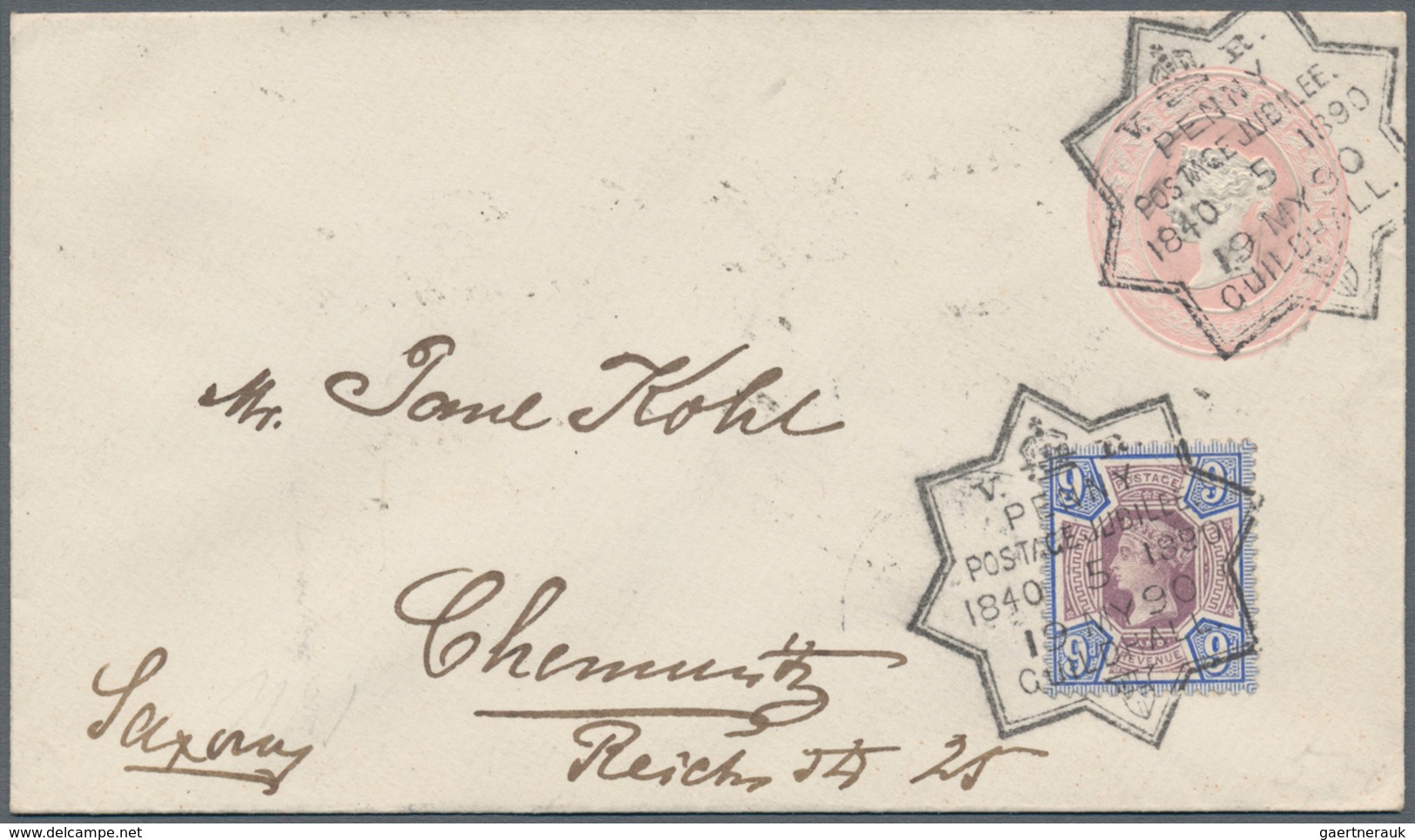 Großbritannien - Stempel: 1890, 1 D Rose Pse Uprated With 9 D Dull Purple And Blue, Tied By Commemor - Marcofilie